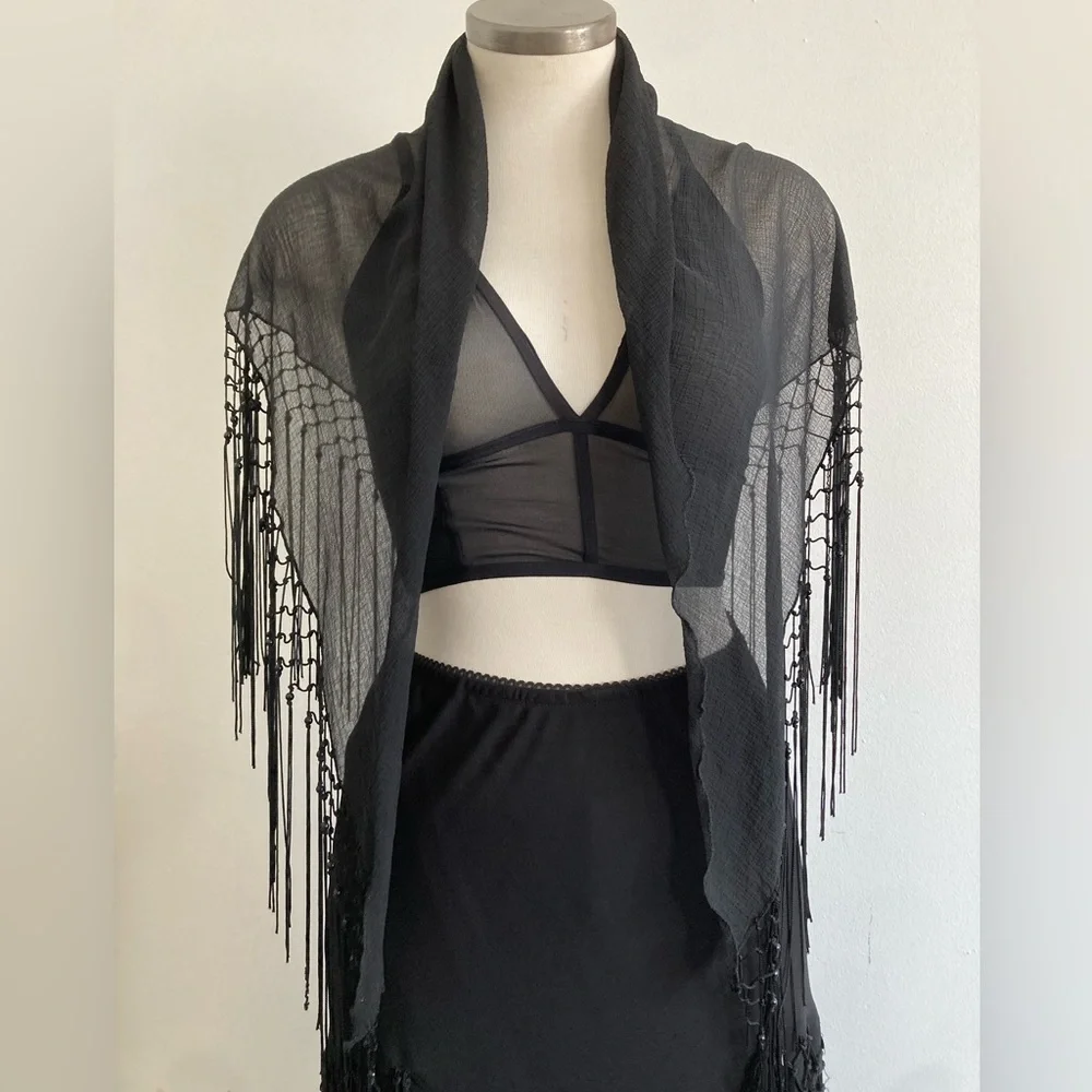 Black Fringe Sheer Shawl Scarf - Picture 1 of 4